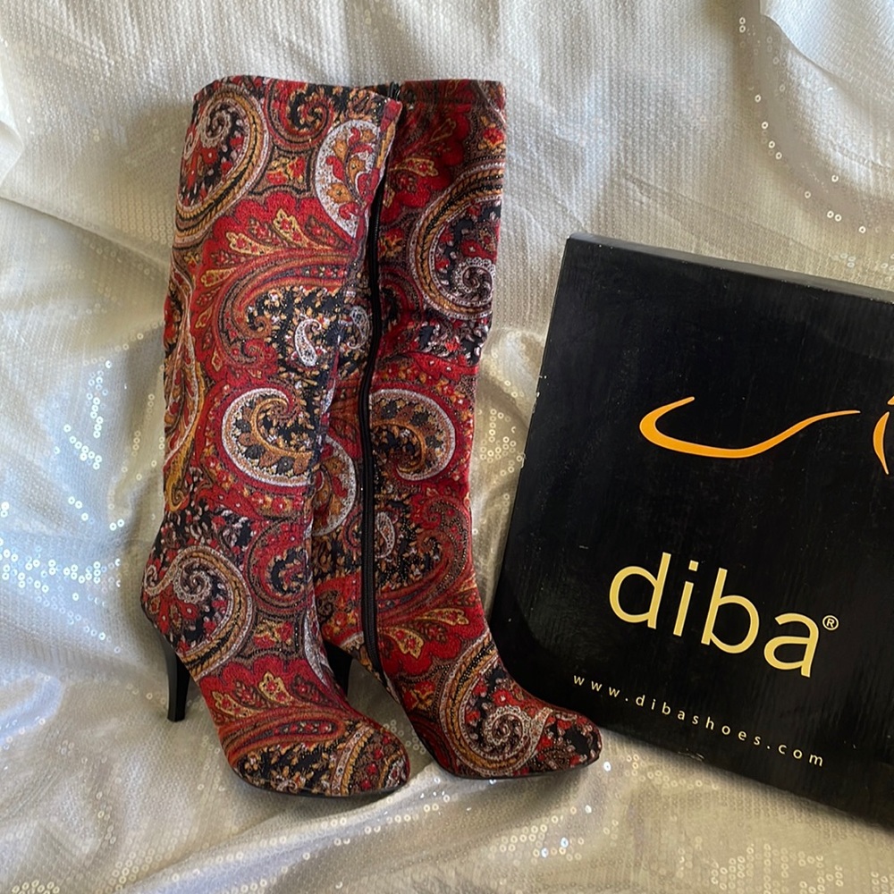 Diba knee high red pattern boot.